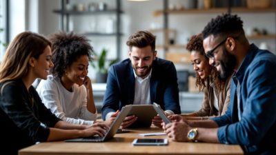 Diverse professionals collaborating in a modern workspace.