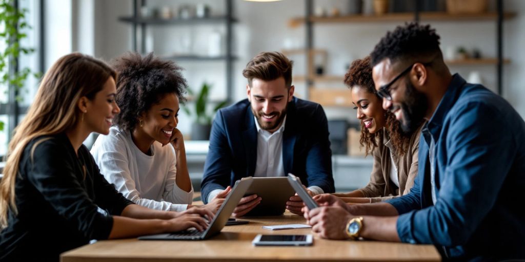 Diverse professionals collaborating in a modern workspace.