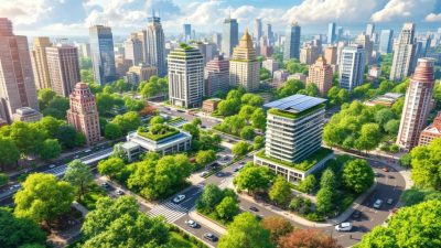 Hyper-realistic city with green roofs and solar panels.