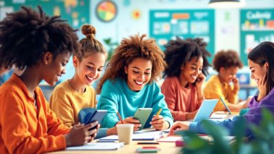 Diverse students using digital devices in a classroom.