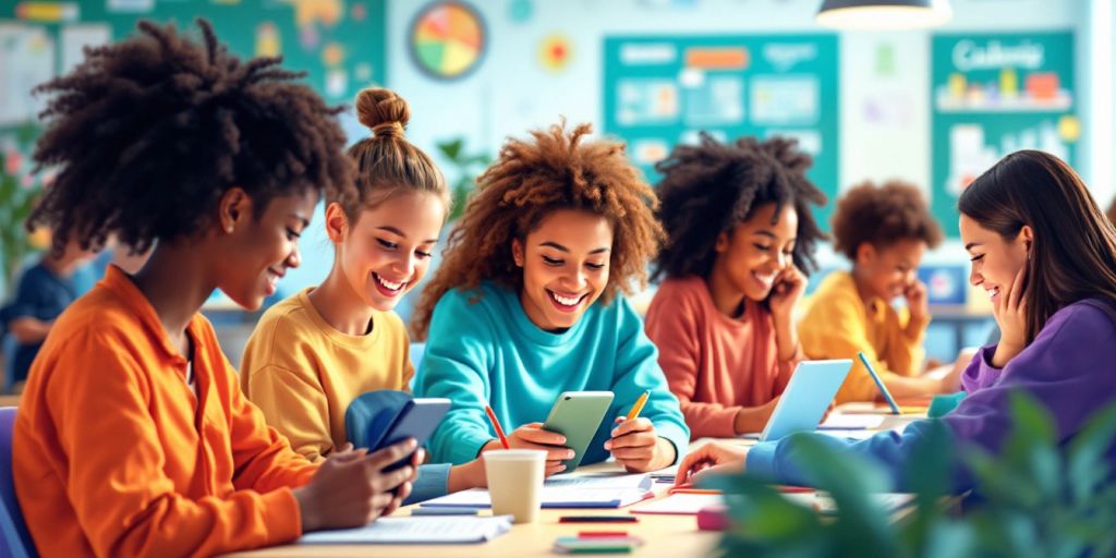 Diverse students using digital devices in a classroom.