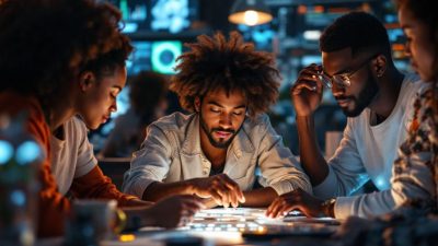 Diverse people collaborating with technology in a modern workspace.