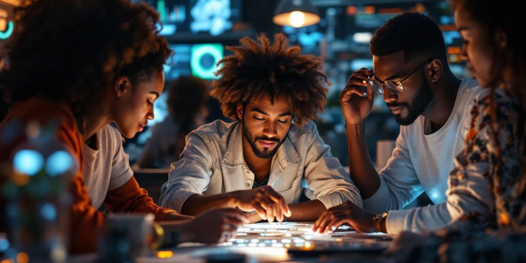 Diverse people collaborating with technology in a modern workspace.