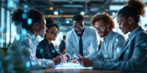 Diverse professionals collaborating with technology in an office.