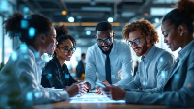 Diverse professionals collaborating with technology in an office.