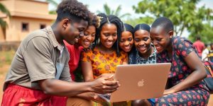 Young adults collaborating on technology in Africa.