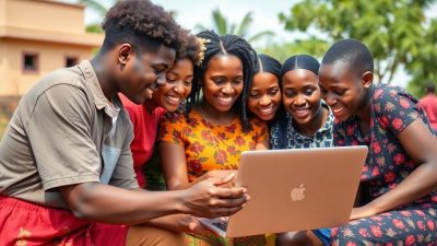 Young adults collaborating on technology in Africa.