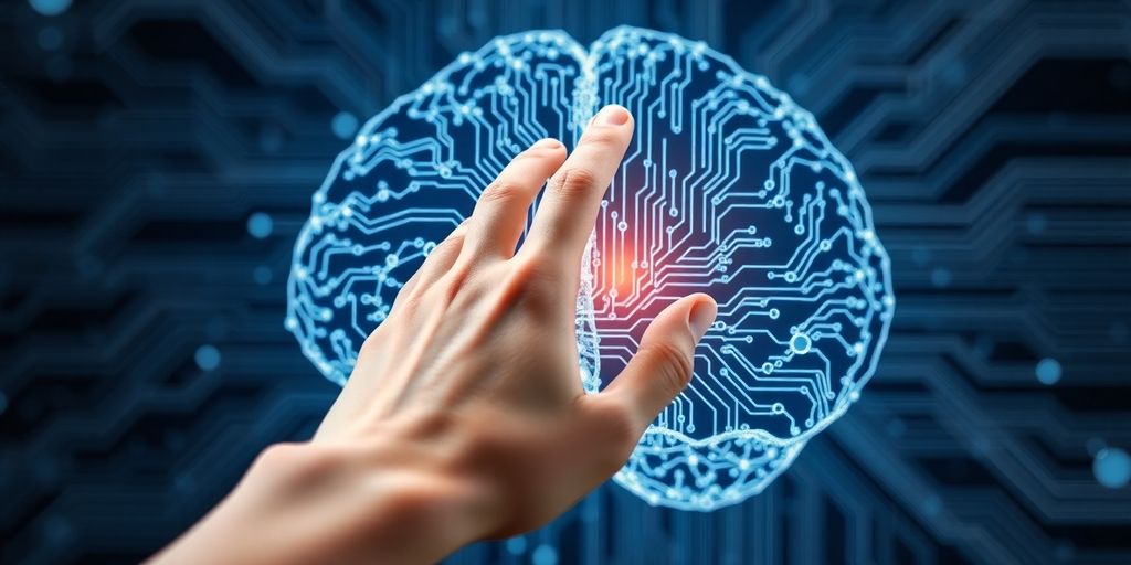 Human hand touching a digital brain made of circuits.