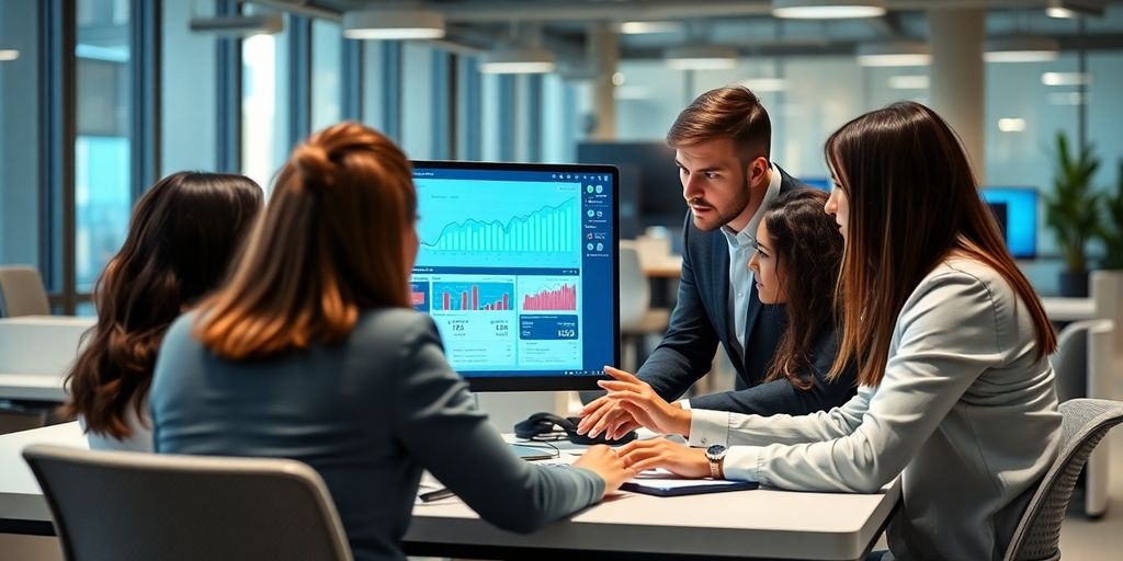 Professionals collaborating in a modern office setting.