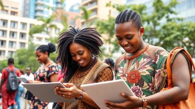 African professionals collaborating on technology projects outdoors.