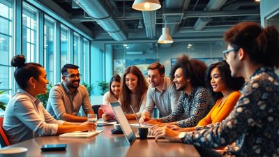 Diverse entrepreneurs collaborating in a modern workspace.