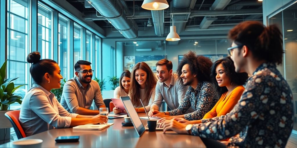 Diverse entrepreneurs collaborating in a modern workspace.