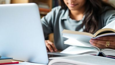 Student studying with laptop, books, and notes.