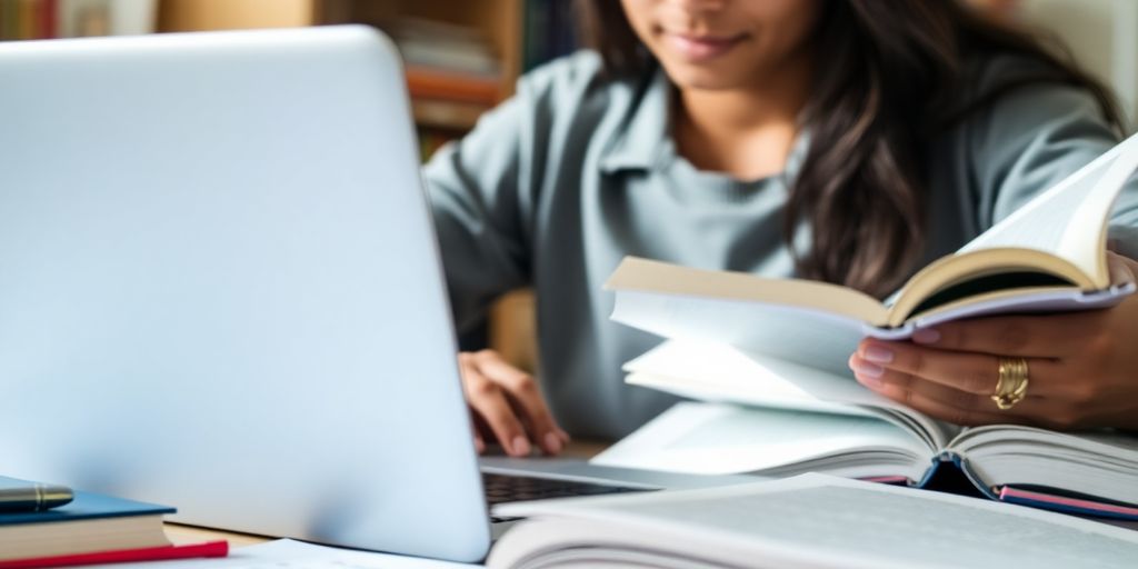 Student studying with laptop, books, and notes.