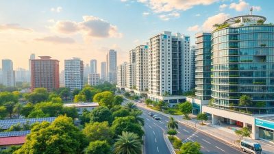 Modern cityscape with technology and nature integration.