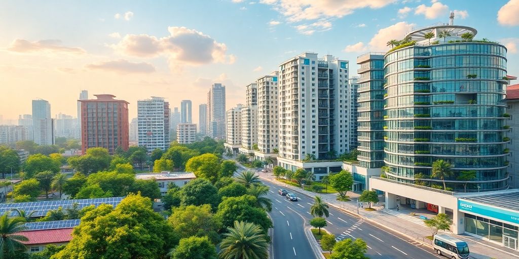 Modern cityscape with technology and nature integration.